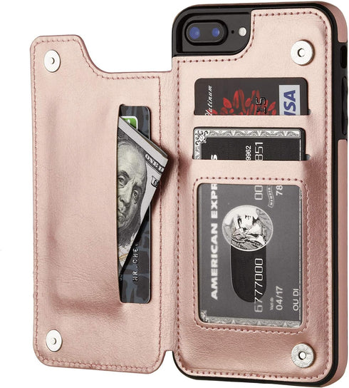 OT ONETOP Wallet Case for iPhone 7 Plus/8 Plus, Premium PU Leather, Card Holder, Kickstand, Shockproof Cover (Rose Gold)