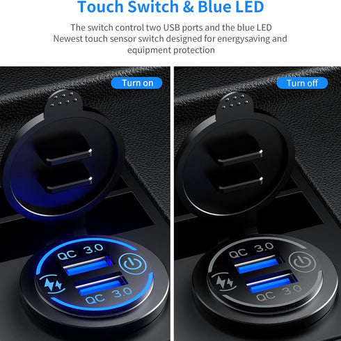 Kewig Quick Charge 3.0 Dual USB Charger Socket, Waterproof 36W, Fast Charge with Touch Switch & Blue LED DIY Kit