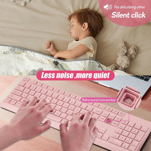 Wireless Silent Keyboard Mouse Combo, Ultra-Slim USB Keyboard Silent Mouse Set, Water-Dropping Keycaps, 12 Shortcuts, 2.4GHz Wireless Connection for PC Laptop Windows XP/7/8/10, Vista, Mac (Pink)