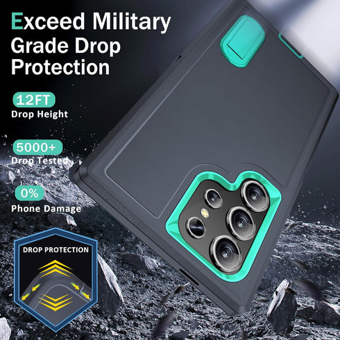 BaHaHoues Samsung Galaxy S24 Ultra Case, Dark Blue/Aqua Blue, with Built-in Kickstand, Shockproof/DropProof Military