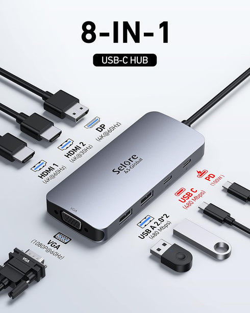 USB C Docking Station Dual HDMI Monitor Adapter, Selore USB C Hub with Dual HDMI, Displayport, VGA, 100W PD Charging