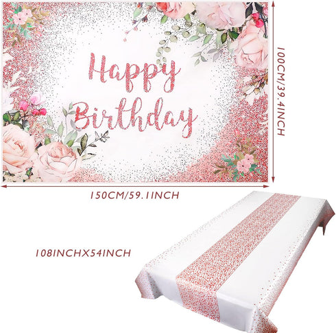 Breling 2 Pcs Pink Happy Birthday Backdrop Banner and Tablecloth for Women, Rose Gold Birthday Party Decorations