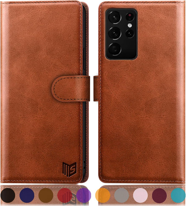 SUANPOT Leather Wallet Case for Samsung Galaxy S21 Ultra 6.8" with RFID Blocking, Flip Folio Book Phone Case, Light