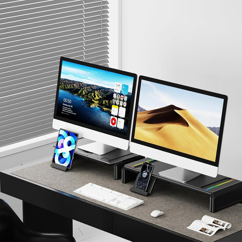 Dual Monitor Stand for Desk, Foldable Riser with RGB Light, Computer Monitor Stand Riser, Desktop Organizers (Black)