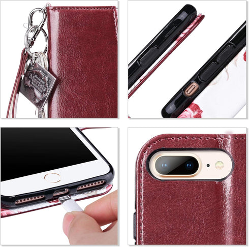 ULAK Wallet Case - Burgundy - Compatible with iPhone 7 Plus/8 Plus, Premium PU Leather Flip Cover with Card Holder