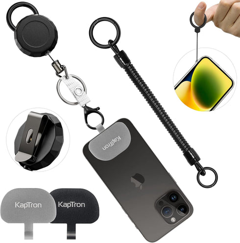 Kaptron Theft and Drop Protection Phone Tether, 30” Safety Retractable Phone Clip, Universal Lanyard with Carabiner