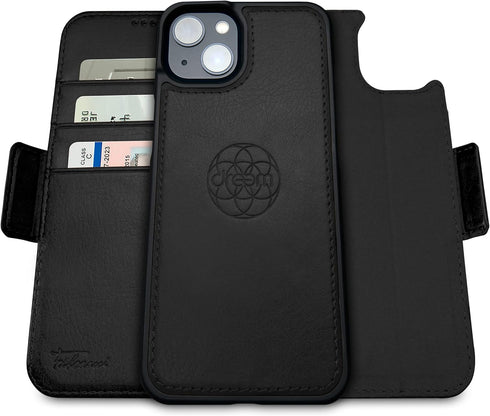 Dreem Fibonacci Compatible with iPhone 14 Wallet Case, 2-in-1 Shockproof Detachable Vegan Leather Folio, Black