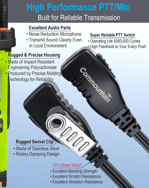 commountain CLS1410 Earpiece with PTT/Mic for Motorola Walkie Talkies, G Shape Headset, 2 Pin