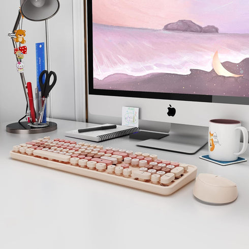 KOOTOP Wireless Keyboard and Mouse, 2.4G Cute Keyboard with Retro Round Keycap for PC, Mac, Laptop, Tablet (Milk Tea)