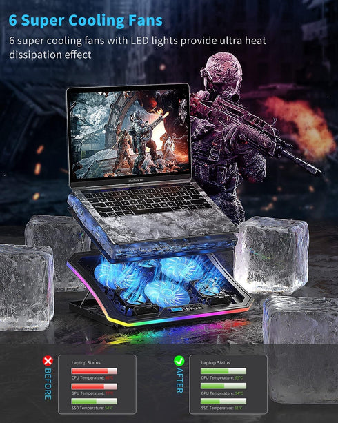 KeiBn Upgrade Laptop Cooling Pad, RGB Lights with 6 Fans for 15.6-17.3 Inch Laptops, 7 Height Stands, 10 Modes Light, 2