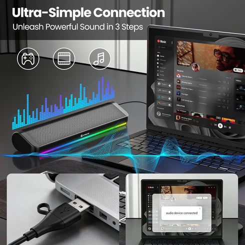 GTIMLMC Computer Speakers for Desktop, Stereo Sound PC Speakers with RGB LED Light, Type C-USB Input, Easy-Control