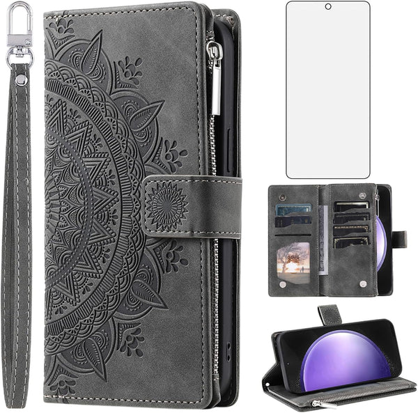 Samsung Galaxy S23 FE 5G Wallet Case with Mandala Flower, Tempered Glass Protector, Wrist Strap, and Card Holder - Grey.