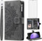 Samsung Galaxy S23 FE 5G Wallet Case with Mandala Flower, Tempered Glass Protector, Wrist Strap, and Card Holder - Grey.