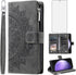 Samsung Galaxy S23 FE 5G Wallet Case with Mandala Flower, Tempered Glass Protector, Wrist Strap, and Card Holder - Grey.