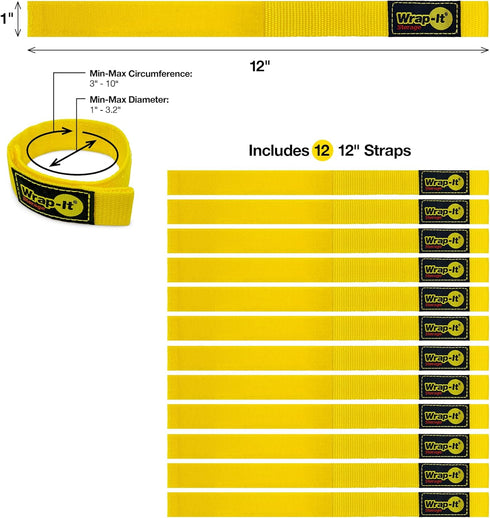 Quick-Straps by Wrap-It Storage - 12" (12 Pack) Yellow Extension Cord Holder for RV and Boat