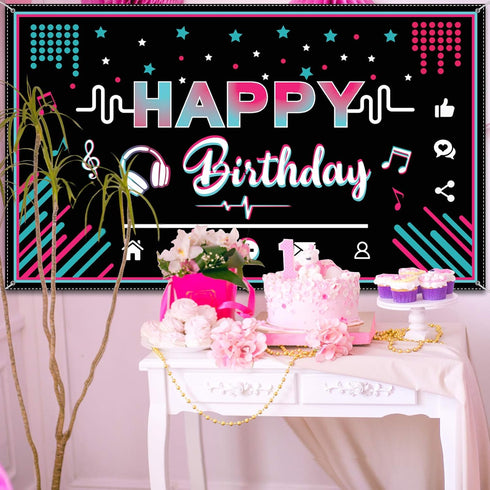 Music Happy Birthday Party Backdrop, Large Fabric Banner for Teens, 73 x 43 Inches