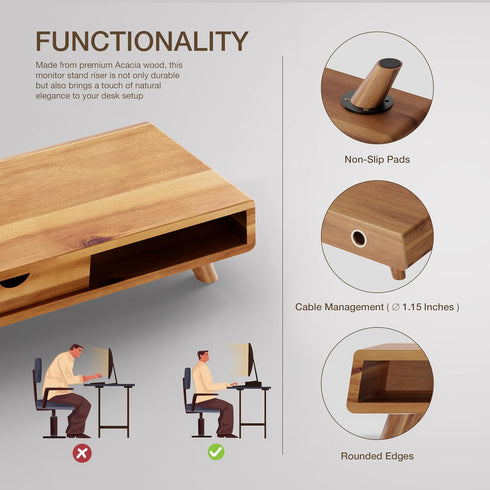 TINAMO Acacia Wood Monitor Stand with Drawer, Wooden Riser for Desk, Multi-Purpose Desktop Storage