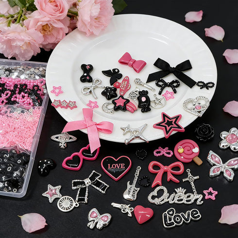 RIHYTFU Junk Case Charms Kit, Black Pink Junk Phone Case Charms for Customizing DIY Cases, Charm for Making Phone Cases