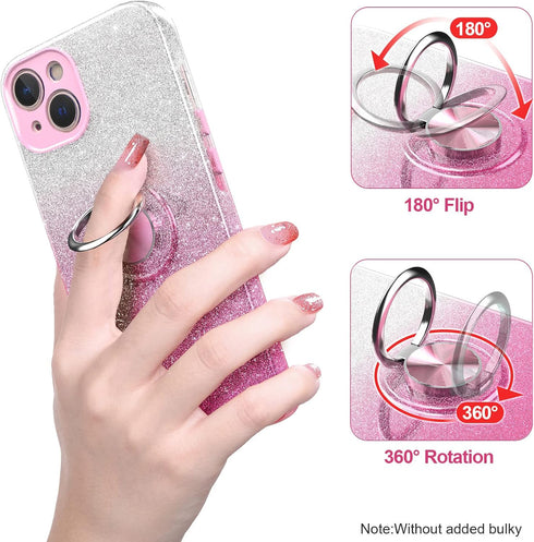 Slim Glitter Case for iPhone 13 with 360° Ring Holder Kickstand, Shock-Absorbent Protective Cover (Pink)