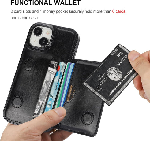 KIHUWEY iPhone 15 Wallet Case, Credit Card Holder, Premium Leather Kickstand, Shockproof Cover (Black)