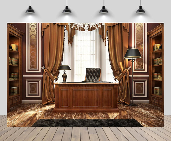 CHNYWORK 7x5ft Luxury Wood Home Office Backdrop Retro Classic Desk Chandelier Bookshelf Window