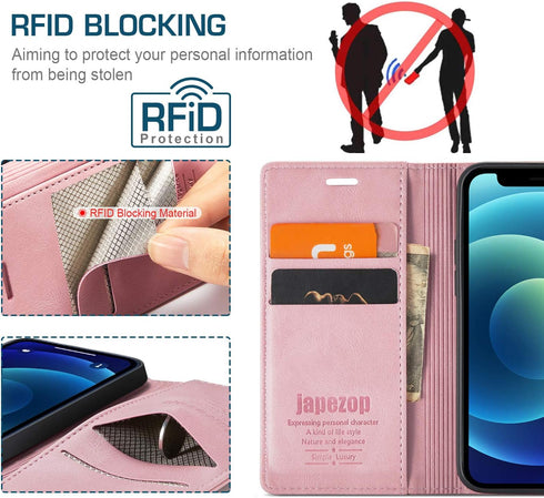 japezop iPhone 12 Mini Flip Case, Pink Leather, RFID Blocking, Card Holder, Slim Fit, Wireless Charging Compatible
