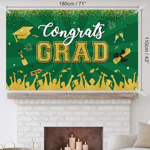 Green Graduation Banner 2025 Congrats Grad, Large Fabric Backdrop for Graduation Party Decoration 71 x 43”