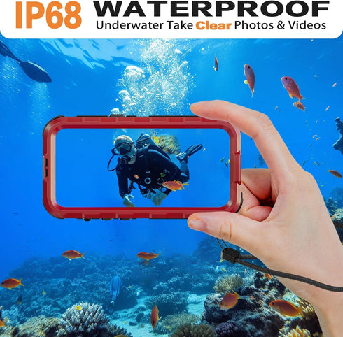 iPhone 15 Waterproof Case Compatible with MagSafe - Metal Heavy Duty IP68 Underwater Case, Red