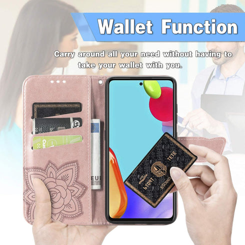 Wallet Case for Galaxy A52 4G/5G, PU Leather Flip Cover with Wrist Strap, Cash Credit Card Slots, Emboss Butterfly