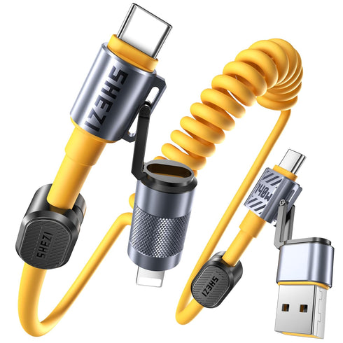 4-in-1 5ft Coiled USB C Cable for Car, 140W Fast Charging, USB C to Lightning Cable with Multi Ports for iPhone iPad