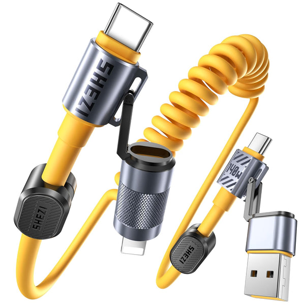4-in-1 5ft Coiled USB C Cable for Car, 140W Fast Charging, USB C to Lightning Cable with Multi Ports for iPhone iPad