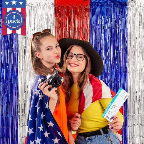 LOLStar 4th of July Decorations, 3 Pack Red White Blue Tinsel Foil Fringe Curtains, Photo Booth Prop Streamer Backdrop