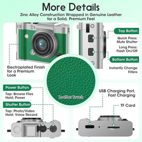 Dienspeak Y2K 2K 16GB Pocket Mini Camera, Retro Keychain Digital Camera with Leather Body, Small Portable HD Video