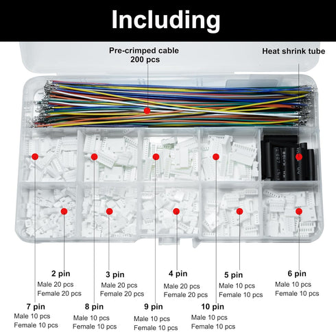 JST MX 1.25MM Connector Kit,2/3/4/5/6/7/8/9/10 Pin Male and Female Micro Wire Connectors Kit with 28AWG Premium Pre-Crimped Cables