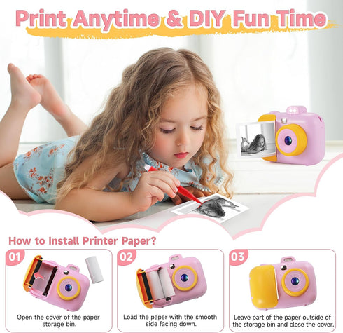 Kids Instant Print Camera for Girls Boys Age 3-12, 12MP 1080P Digital Cameras, Christmas Birthday Gifts