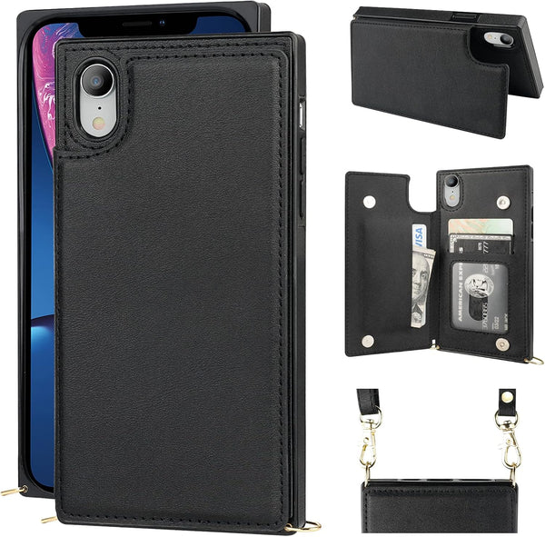 Bocasal Crossbody Wallet Case for iPhone Xr, Credit Card Holder, PU Leather Kickstand, Shockproof Detachable Strap