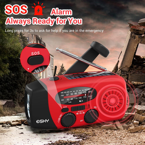 Esky Emergency Hand Crank Radio, 3 LED Flashlight, AM/FM/NOAA Portable Weather Radio, 2000mAh Power Bank