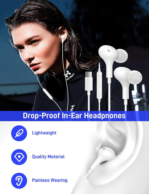 USB C Headphones for Apple iPhone 15 Plus iPad/Google Pixel 8 8A 7 Pro 7A/ Samsung Galaxy S24 S23 S22 S21 Ultra Android Earbud Wired Type C Earphones Magnetic Small Ear Buds with Microphone White