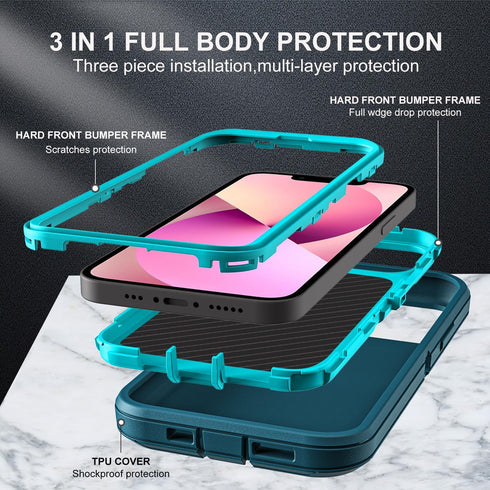 Military Grade 3 in 1 Heavy Duty Shockproof Case for iPhone 13 Mini, Drop Proof/Dust Proof with 2Pcs Tempered Glass