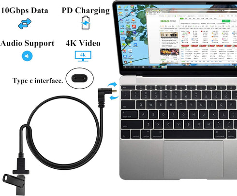 90 Degree USB 3.1 Type C Panel Mount Cable Gen 2 (1M/3ft) - Up&Down Angle, Supports Charging, Data, Audio, Video for