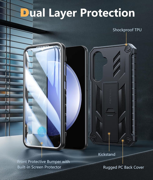 FNTCASE Galaxy S23 FE Case: Military Grade Shockproof TPU Cover with Kickstand & Screen Protector - Black Full