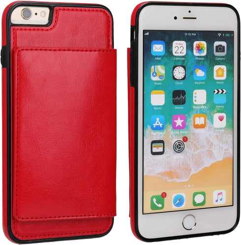 KIHUWEY iPhone 6 Plus/6S Plus Wallet Case with Credit Card Holder, Premium Leather Kickstand Protective Cover (Red)