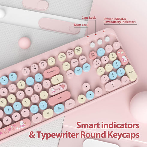 Fogruaden Pink Wireless Keyboard and Mouse, Retro Typewriter 104 Keys Full Size Cute Keyboard with Number Pad