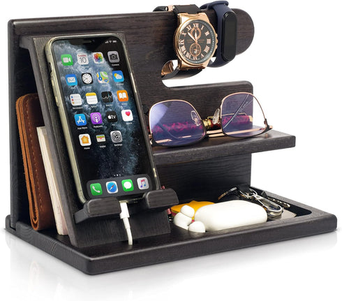 TESLYAR Wood Phone Docking Station, Ash Key Holder Wallet Stand Organizer for Men Gift, Black