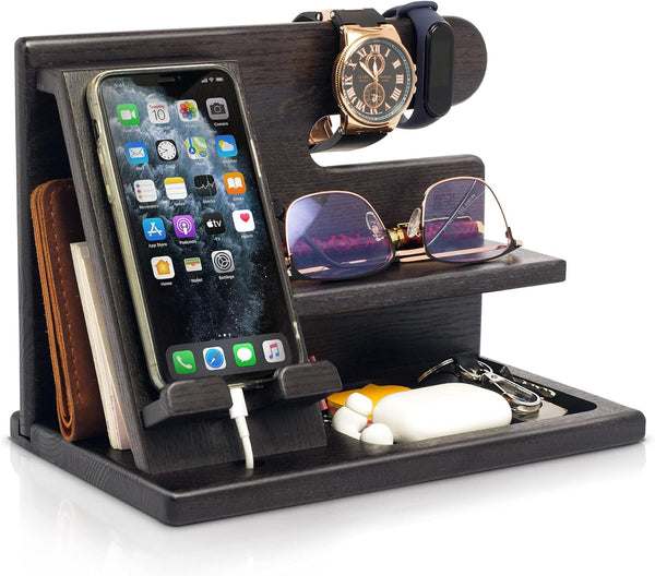 TESLYAR Wood Phone Docking Station, Ash Key Holder Wallet Stand Organizer for Men Gift, Black