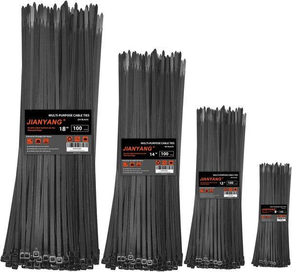 Zip Ties Assorted Size,8+12+14+18 Inch Double Sided Toothed,100 LBS Tensile Strength Heavy