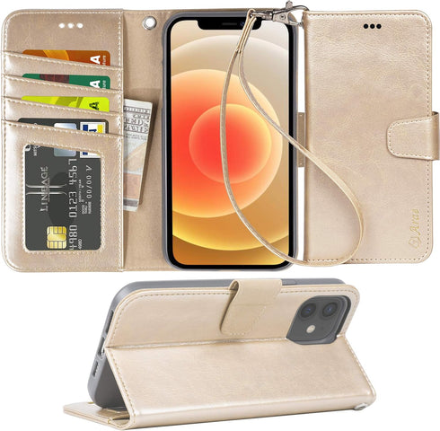 Arae Wallet Flip Cover for iPhone 12 and iPhone 12 Pro - Card Holder and Wrist Strap, Champagne Gold