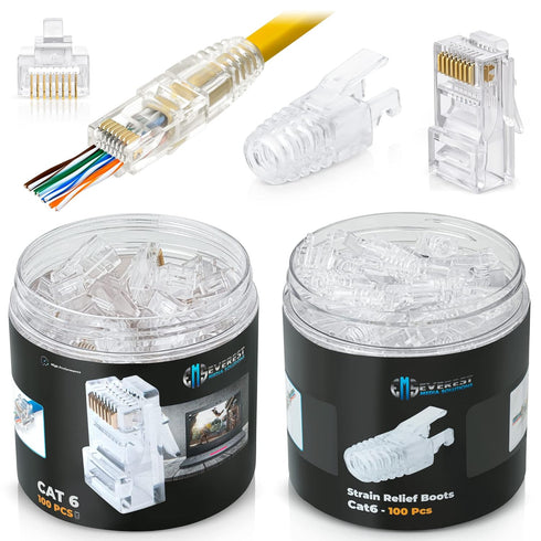 Everest Media Solutions RJ45 Cat6 Pass Through Connectors and Strain Relief Boots, Pack of 100, EZ to Crimp Modular Plug