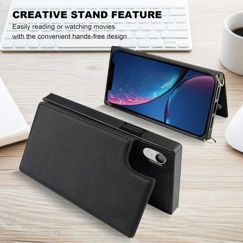 Bocasal Crossbody Wallet Case for iPhone Xr, Credit Card Holder, PU Leather Kickstand, Shockproof Detachable Strap