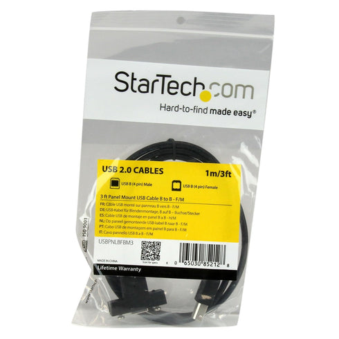 3 Ft Panel Mount USB Cable B to B - 1 Pack, 1 X Type B Male, 1 X Type B Female, Nickel Plated, Black